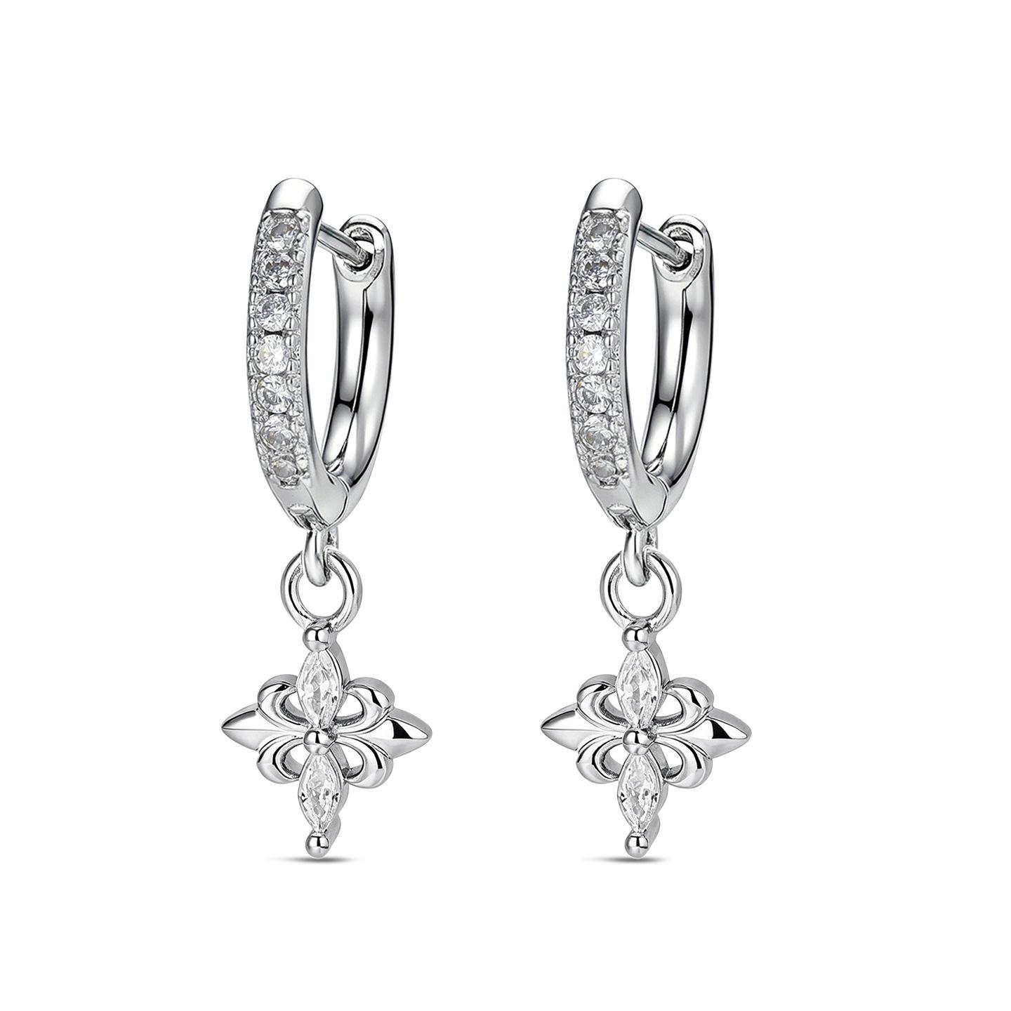 Cross Earrings, Zircon Inlaid Earrings, Straight Needle Iris Cross Flower Ear Buckle Trend Men s and Women s Ear Holes