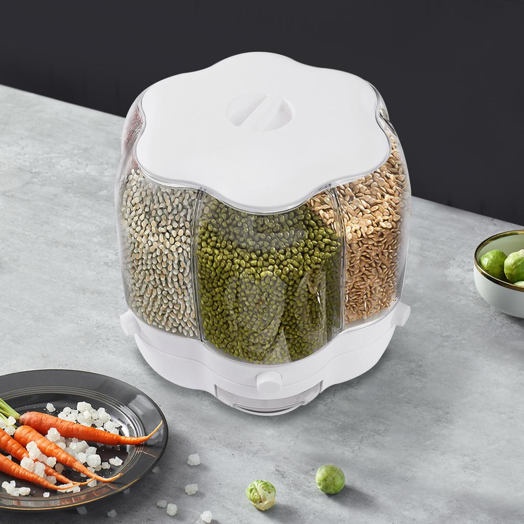 Large 6-Grid Rotating Grain Storage Bin - 27.56LBS One-Click Food Dispenser Sealed Moisture-Proof Rice Container for Rice Nut