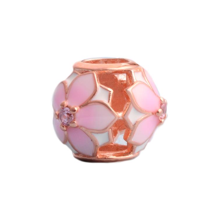 European Spring S925 Sterling Silver Pandora Rose Gold Magnolia Beaded Bracelet with Peach Blossom Charms