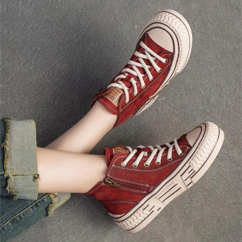 Johnature Spring Genuine Leather Women Flat Shoes Lace-up Handmade Leisure Comfortable Thick Soled Shoes