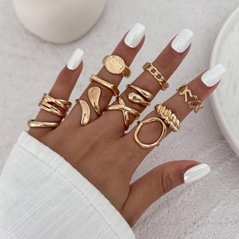 1Set Irregular Glossy Metal Open Rings For Women Vintage Punk Gold Silver Color Personality Finger Ring Female Jewelry