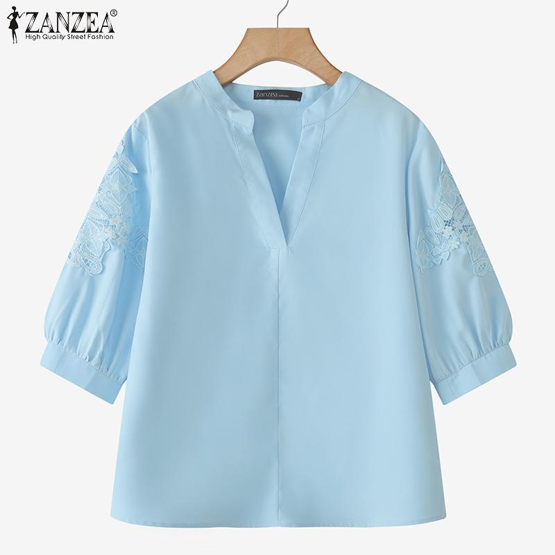 ZANZEA Bluză casual de damă cu gât în V, cu broderie patchwork și mâneci scurte