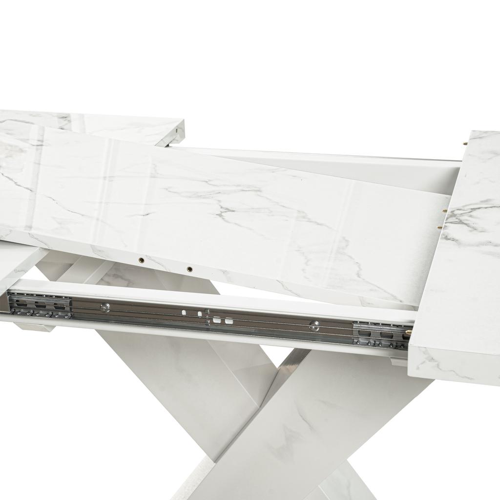 120CM-160CM Μοντέρνο Ορθογώνιο Τραπέζι Τραπεζαρίας, Τεντώνεται, με Εκτυπωμένη Λευκή Μαρμάρινη Επιφάνεια Τραπεζιού+MDF Τραπεζοπόδι Σχήματος Χ με Μεταλλική Βάση