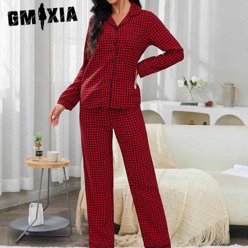 GMXIA Odzież domowa Damska Czerwona Kraciasta Koszula Kardigan z Długim Rękawem Długie Spodnie Zestaw Piżamowy