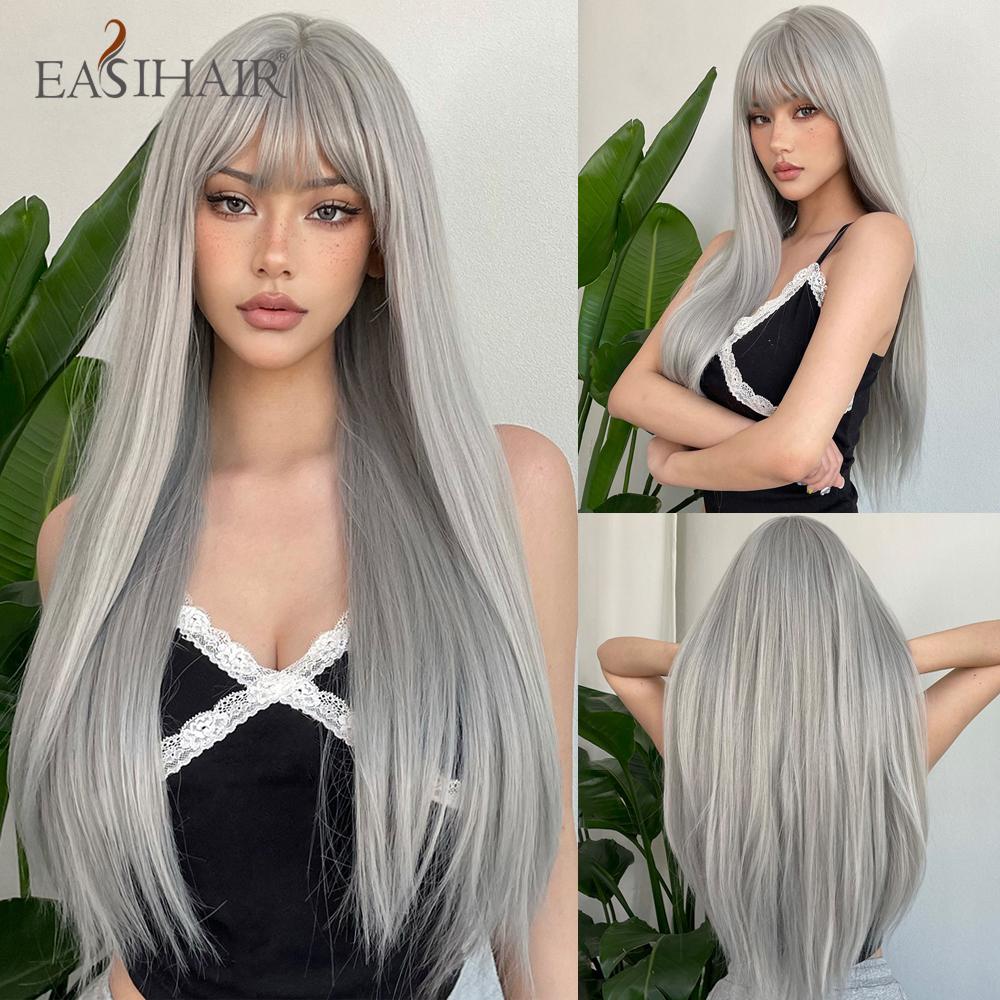 Synthetic Layered Wig Long Rose Gold Straight Wigs with Bangs Blonde Cosplay Party Natural Hair Wigs for Women Heat Resistant