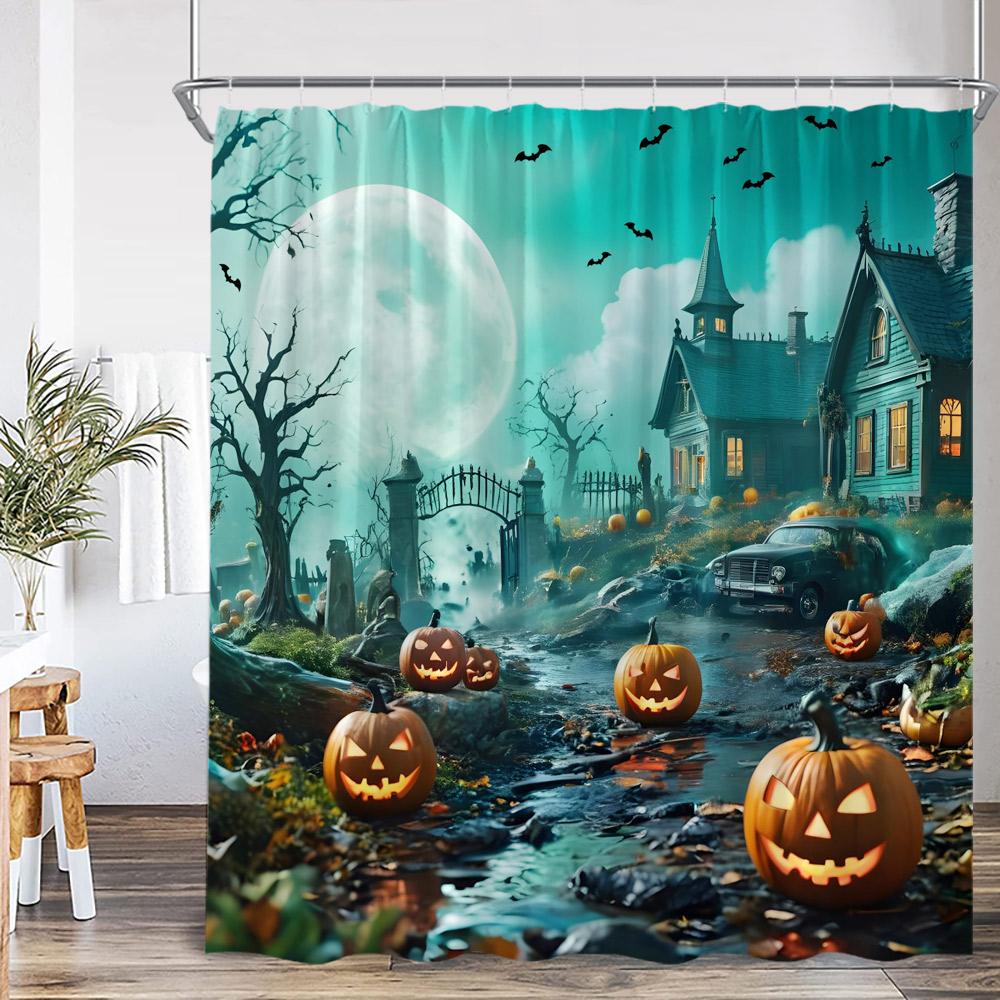 Full Moon Night Halloween Shower Curtain Flying Witch Evil Pumpkin Wizard Graveyard Horror Bath Decoration Bathtub Curtain
