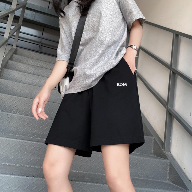 Women's Elastic Waist Straight Leg Sports Shorts Loose Fit Letter Embroidery Summer Five Point Casual Pants