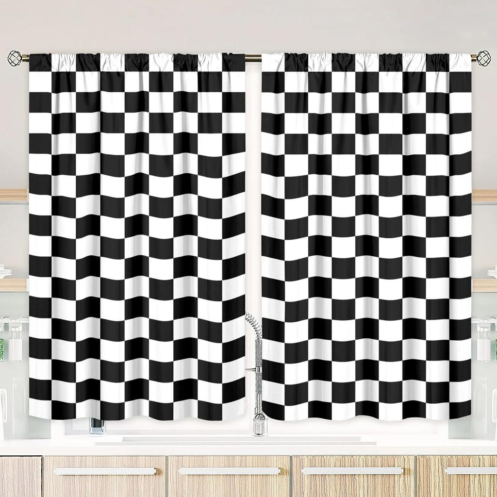 JIT 2pcs Geometric Checkered Curtains Room Darkening Window Treatment for Living Room Bedroom Polyester Rod Pocket Curtains H