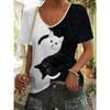 Color-blocked printed V-neck casual style women's T-shirt streetwear trendy cat pattern top