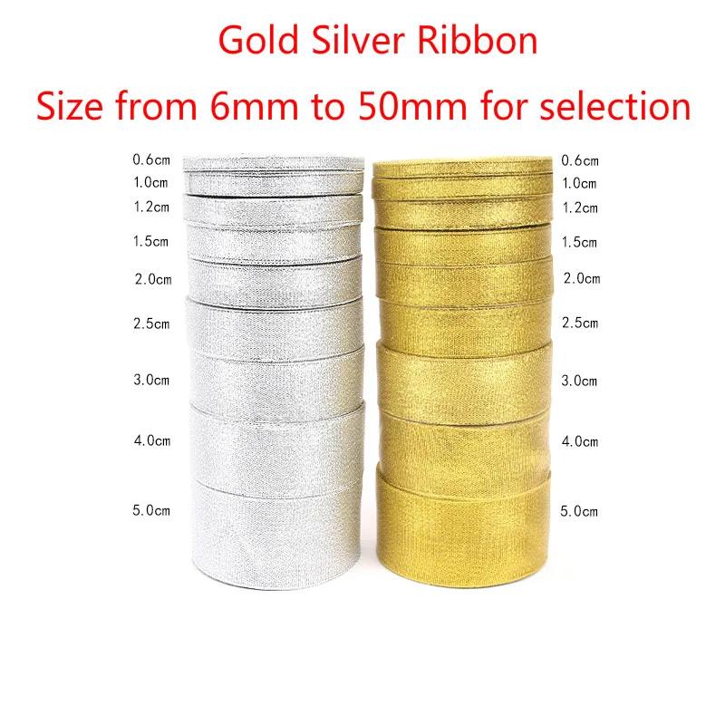 6-50mm Třpytivé stuhy 25 yardů Zlatá/Stříbrná Metalická Organzová Stuha pro Svatební Dort Dárková Dekorace DIY Řemeslné Potřeby