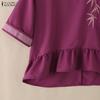 ZANZEA Women Casual Round Neck Floral Embroidery Loose 3/4 Sleeve Blouse