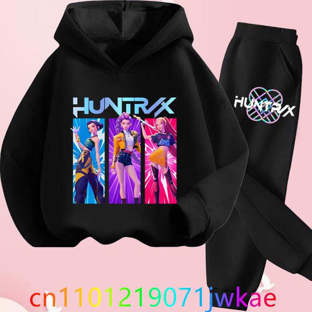 Teen KPop Demon Hunters Hoodies+Pants Sets Boys Girls Korean Anime Movie Hoody Fashion Long Sleeve Kids Hooded Sports Suits