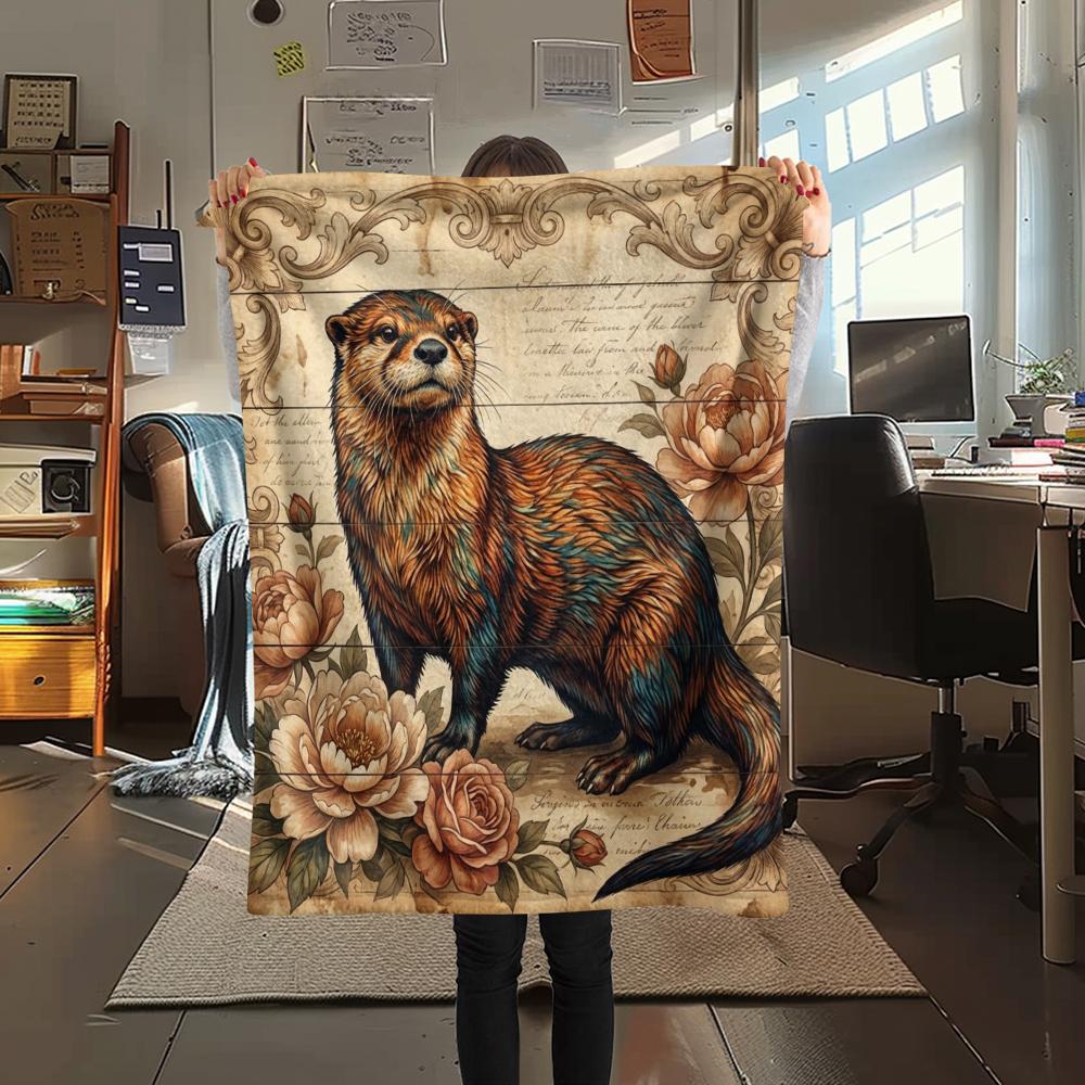 1PC Retro Floral Animal Print Flannel Blanket, High quality All Seasons, Home Decor, Warmth and Comfort, Perfect for Christmas Gifts