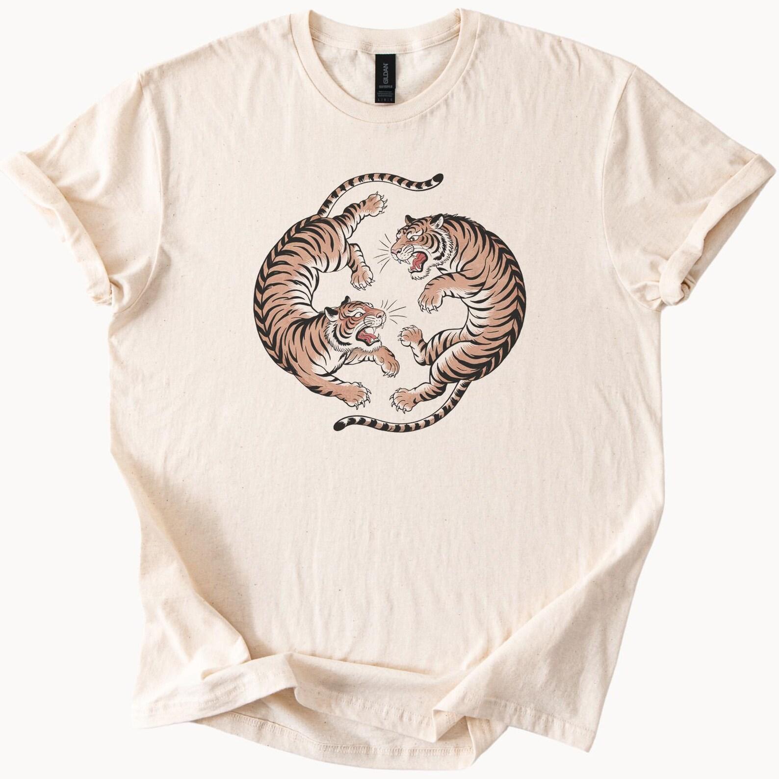 Fighting Tigers Graphic Tee Animal Print T Shirt Fierce Cat Lover Top 160