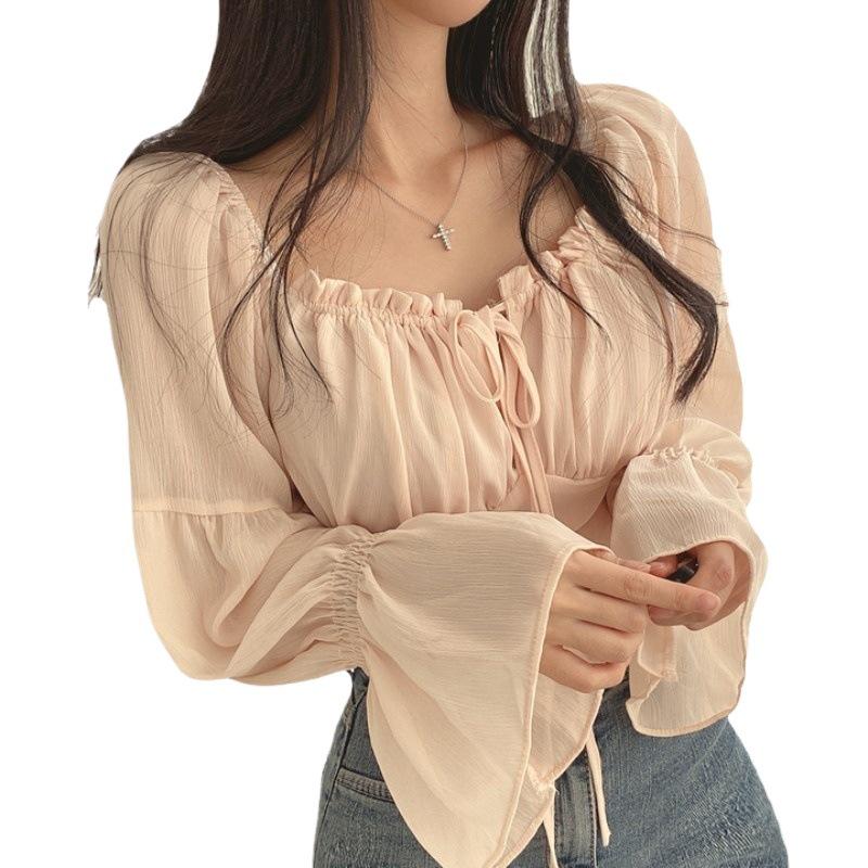 Korean Chic One-Shoulder Ruffled Puff Sleeve Chiffon Top