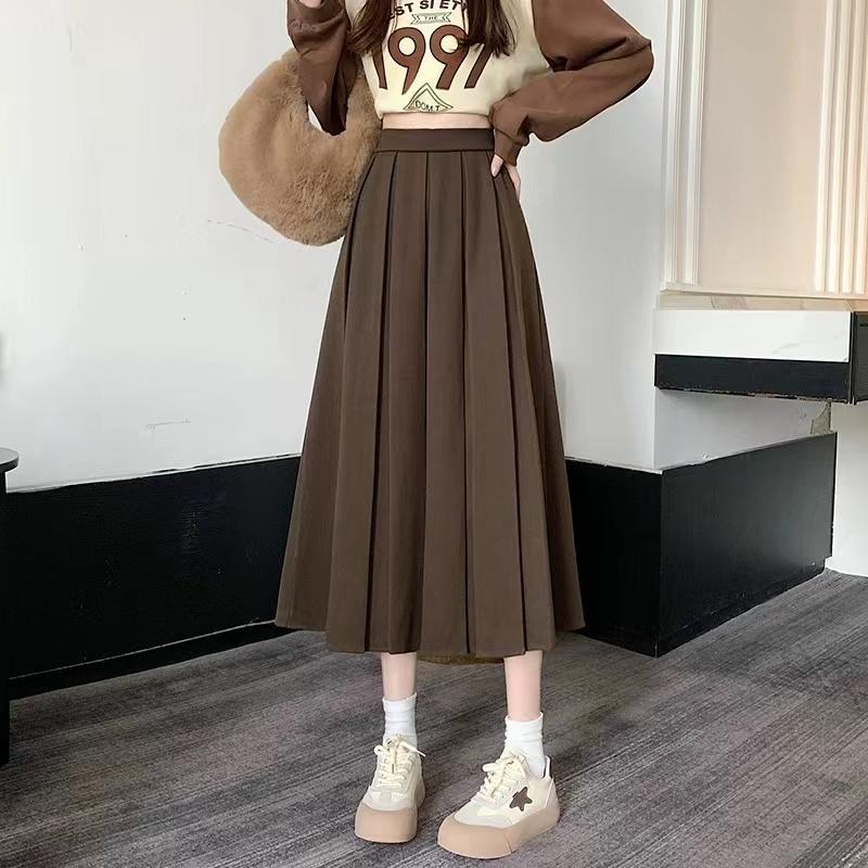 Fuste Modeste pentru Femei Stil Coreean Fustă Neagră Lungă Fustă plisată pentru Femei Fuste Lungi pentru Femei Modă