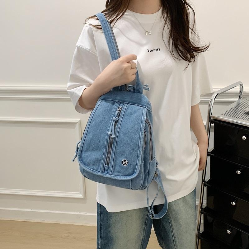 Vintage Solid Color Denim Backpack Large Capacity Multifunctional Chest Bag