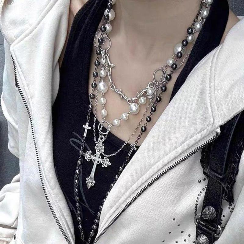 Gothic Punk Style Y2k Bead Cross Pendant Necklace Women's Multi-layer Retro Trendy Accessory Jewelry