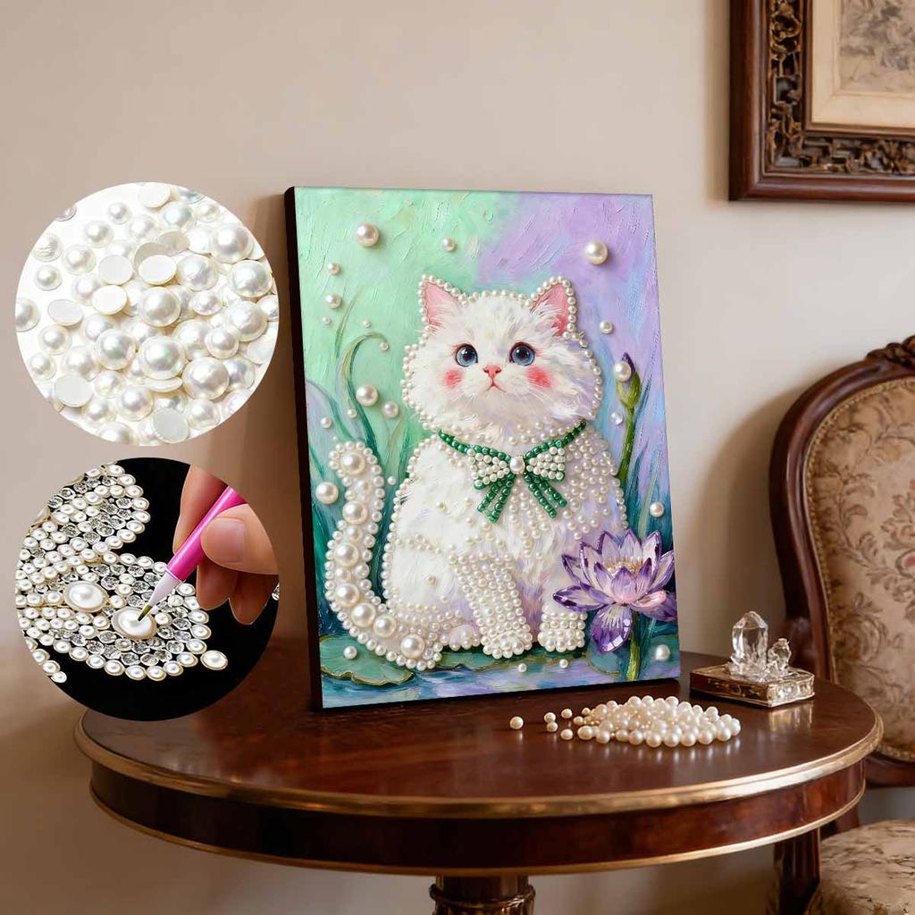 5D DIY Frameless Pearl Painting Little Fat Cat Pattern Painting Kit Suitable for Home Living Room Bedroom and Other Wall Decoration Art Paintings