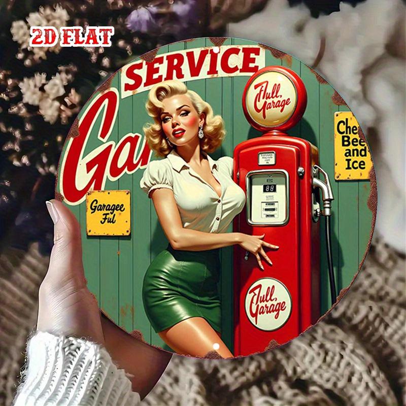 Vintage Pin-Up Girl Gas Pump Round Aluminum Sign