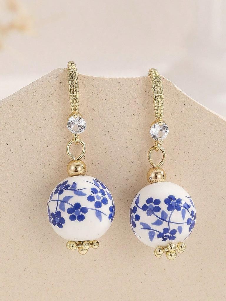 Vintage Blue Floral Porcelain Bead Earrings, Women'S Hand-Painted Ceramic Pendant Earrings, Everyday Bohemian Style Jewelry Gift Set.