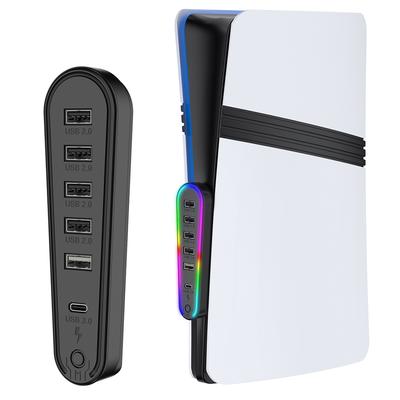 6 Ports Charger Adapter Converter with RGB Light USB Extender Data Transfer Extender for PlayStation 5 Slim/Pro Console