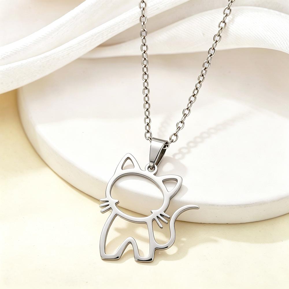 Stainless Steel Hollow Animal Pendant Necklace - Cute Cartoon Kitten Design