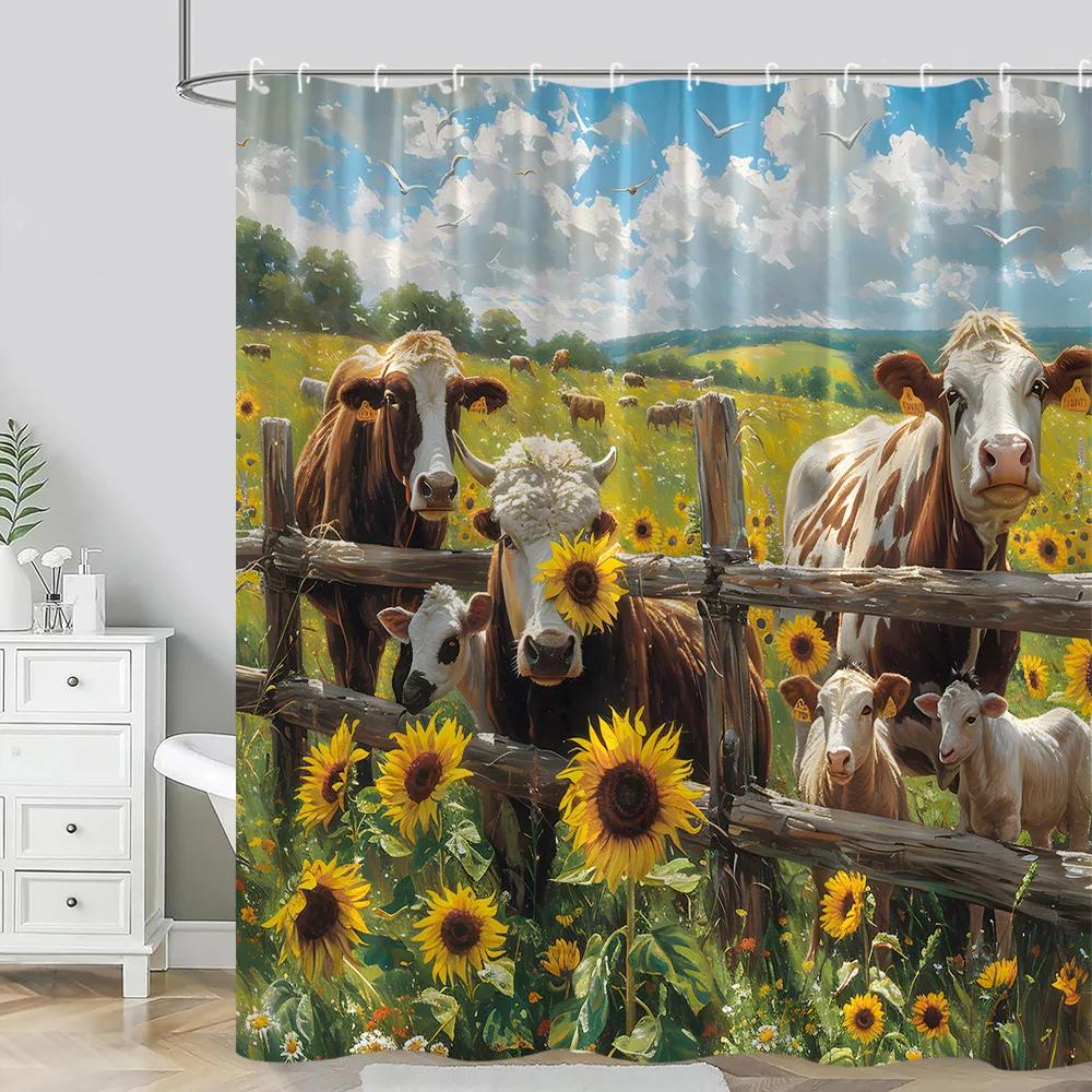 Farm Animals Shower Curtain Funny Pig Sheep Donkey Shower Cartoon Rustic Barn Polyester Fabric Bathroom Decor Curtain Washable