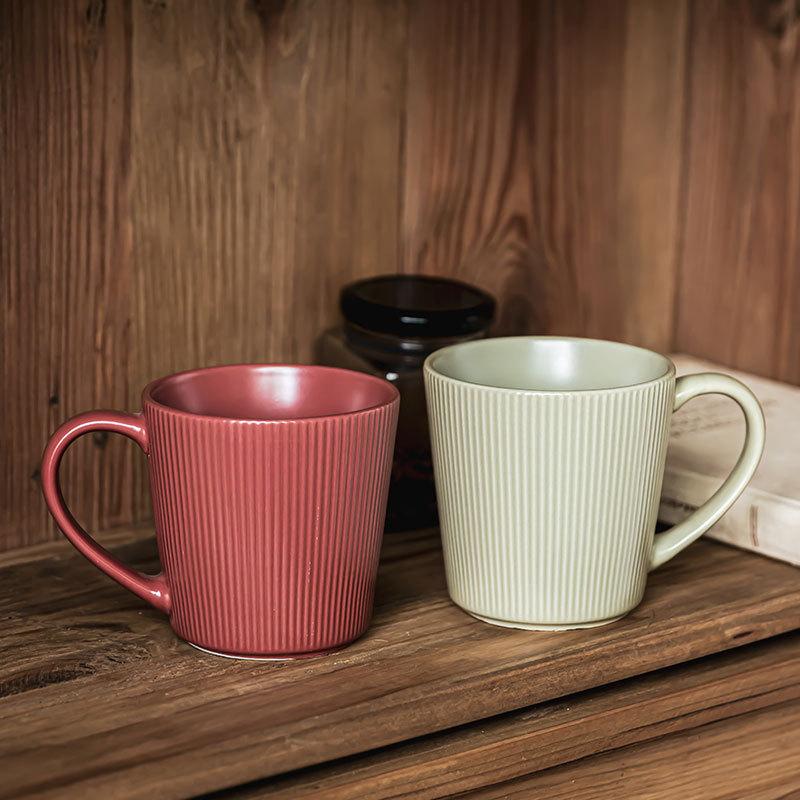 Japanese-Style Retro Relief Ceramic Cup Combination High Value Household Solid Color Matte Cup Breakfast Cup Coffee Cup Water Cup
