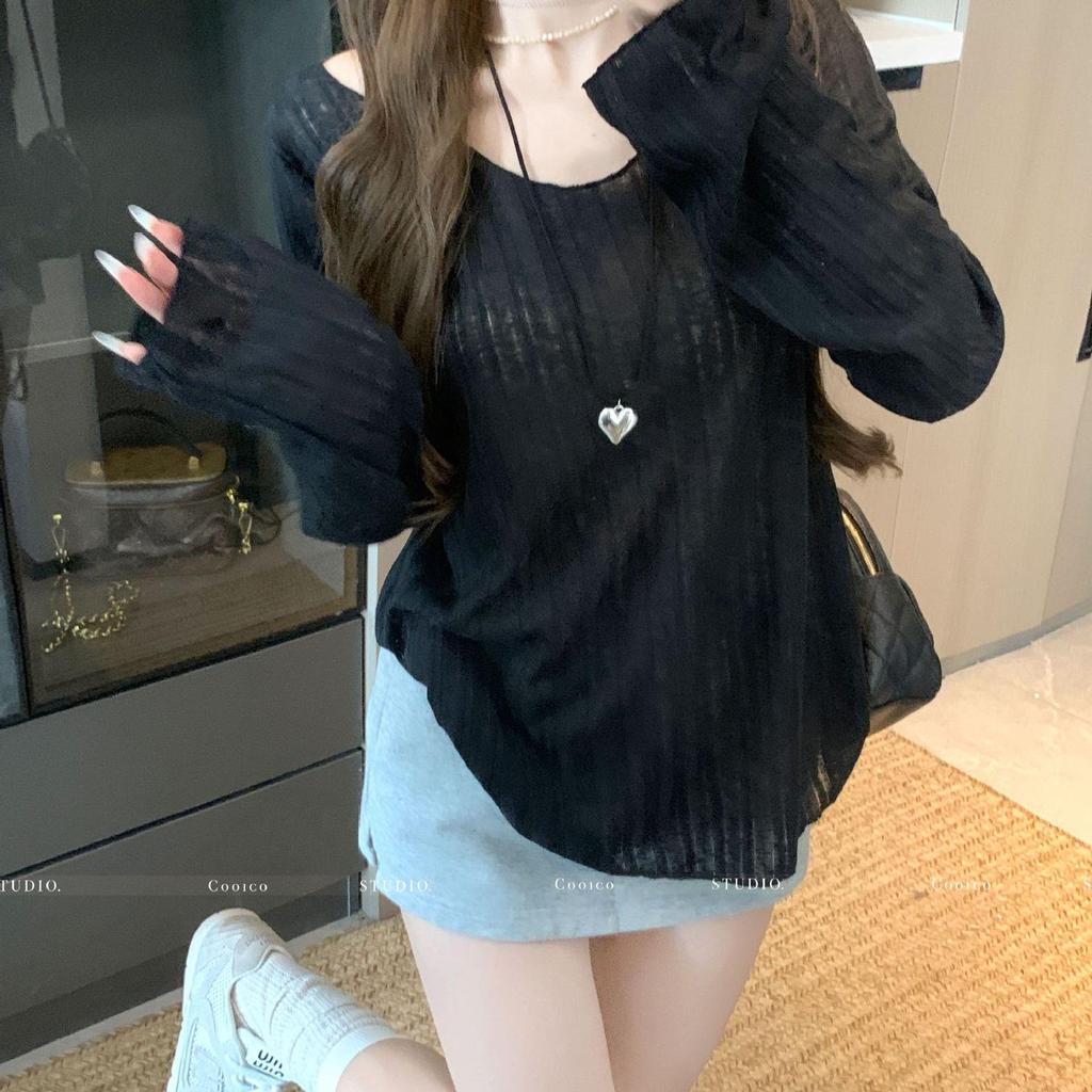 Women's Chic V-neck Long-Sleeve T-Shirt - Stylish, Lightweight, Breathable; Perfect for Spring/Summer, with Sun Protection.