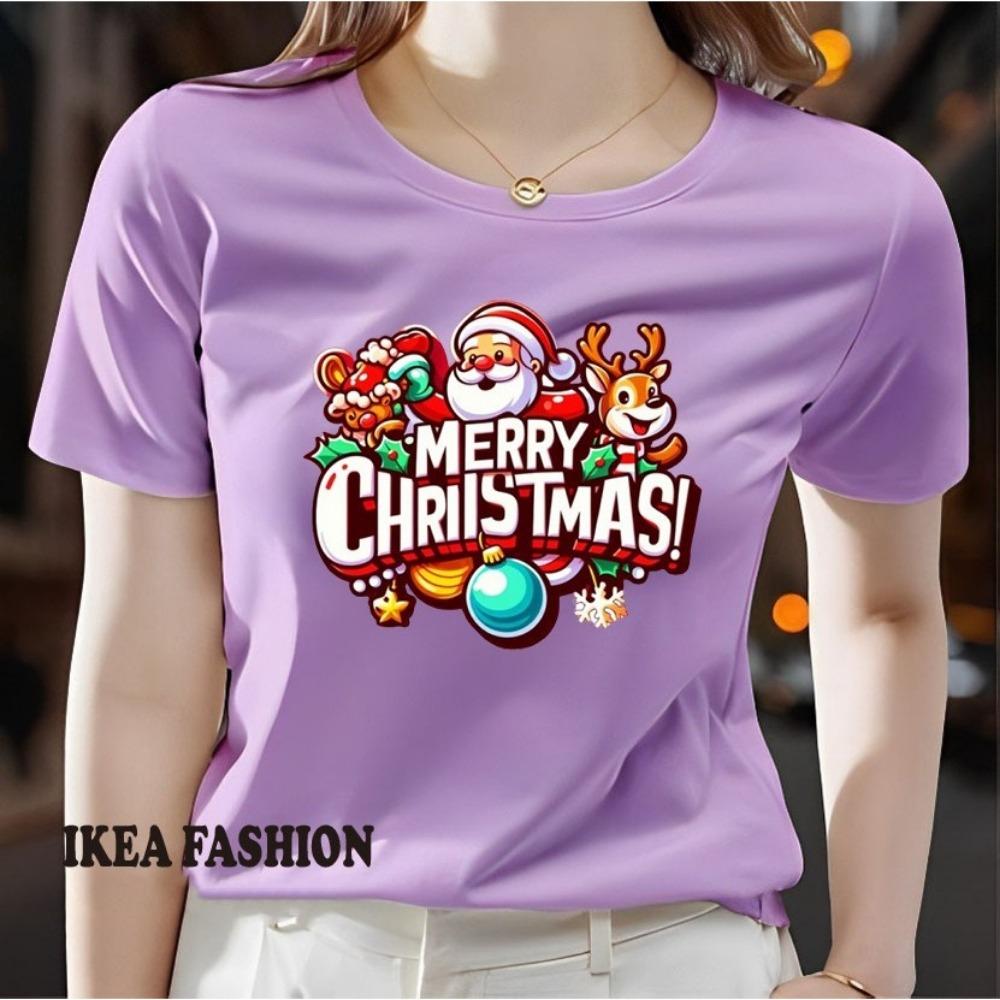 Large Women's Christmas Pattern Printed T-shirt - Short Sleeve Round Neck Casual Top