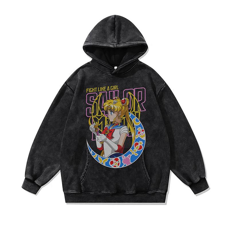 Japanese Dark Cartoon Digital Direct Injection Printing Hoodie Retro 430G Pure Cotton Loose Wash Sweater Men