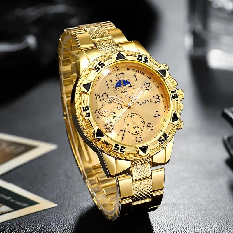 Men's Large Dial Blu-ray Glass Watch, High-end Men's Business Watch + Jewelry 4-piece Set