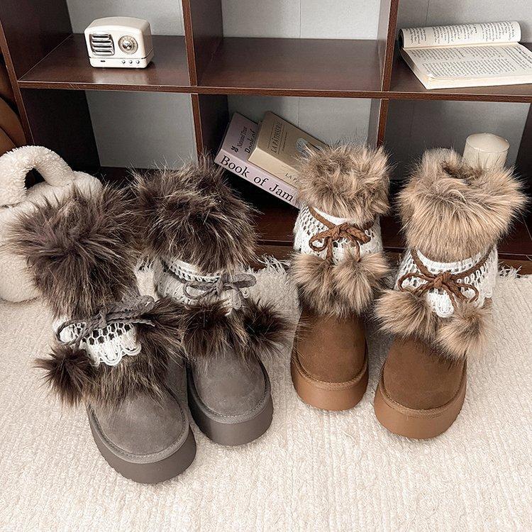 Gray Snow Boots Women's Winter Mid-tube Cotton Boots Thick-soled Cotton Shoes Piled Thickened Fur Boots Integrated Snow Cotton