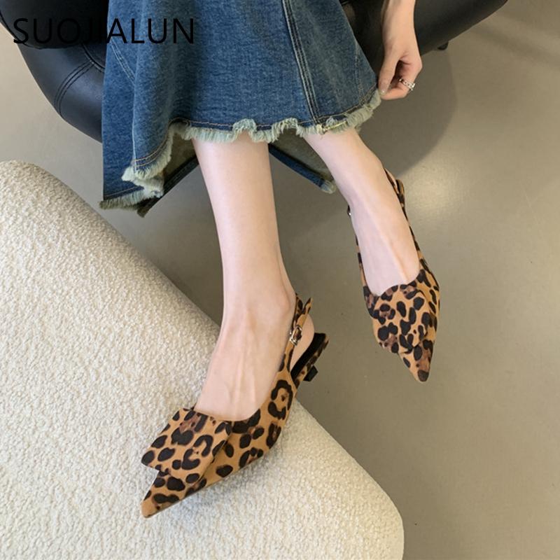 Fashion SUOJIALUN Women Sandal Shoes Fashion Pointed Toe Shallow Slip On Ladies Elegant Dress Slingback Shoes Thin Med Heel Dress Pumps