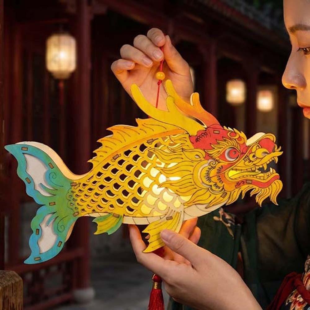 Carved Wood Dragon Fish Lantern Three-Dimensional Hand-Painted Mythical Creature Lamp Mythological Hanging Rope