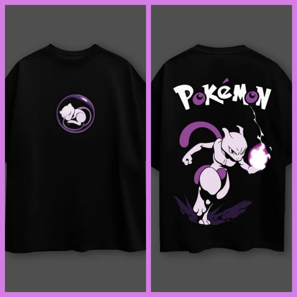 Pokémon Anime Printed Mewtwo Oversized Black Tshirt Men and Women Breathable High Quality Y2K Short Sleeve Summer Tshirt