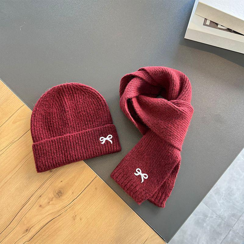 Autumn Winter Cute Bow Embroidered Knitted Cap And Scarf 2-Piece Set For Children
