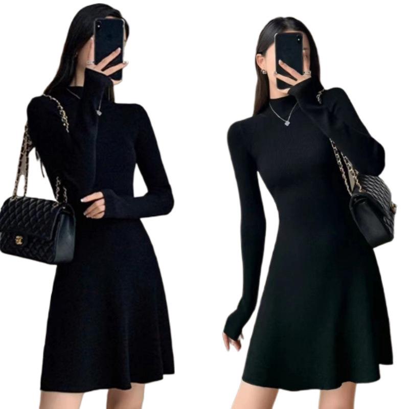 2024 Hepburn-Style Little Black A-Line Knit Dress - Autumn/Winter Slim Fit