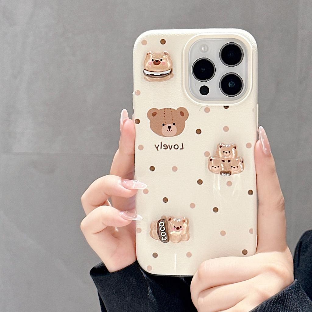 New Leather Pattern Three-dimensional Polka Dot Cartoon English Bear for Apple 16promax Mobile Phone Case for IPhone
