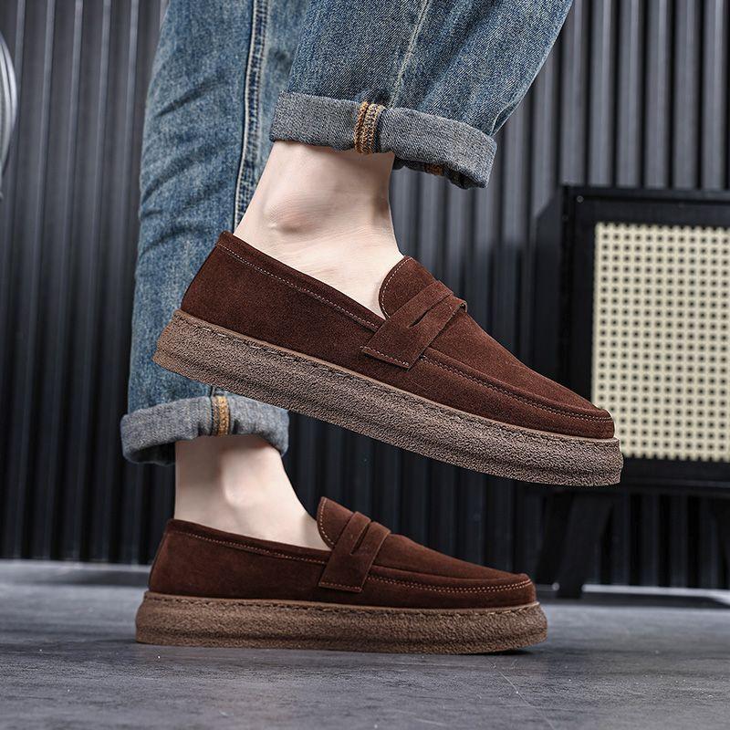 Suede Round Toe Platform Leather Shoes for Men Classic Original Social Elegant Cowhide New In Fashion 2025 Man Casual Shoe Sale