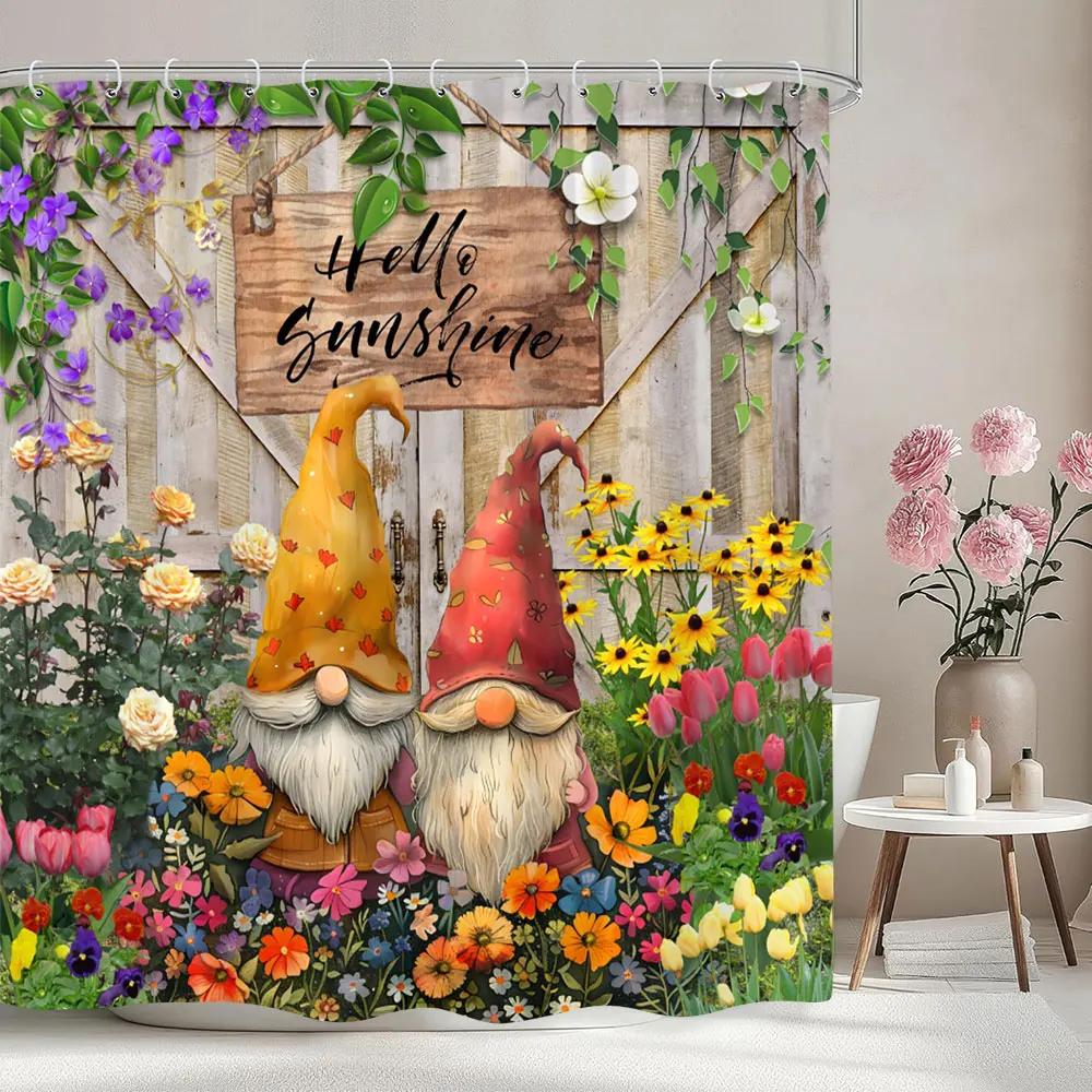 Cartoon Elf Kids Shower Curtain Spring Floral Botanical Lavender Watercolour Art Pattern Polyester Shower Curtain Bathroom Decor
