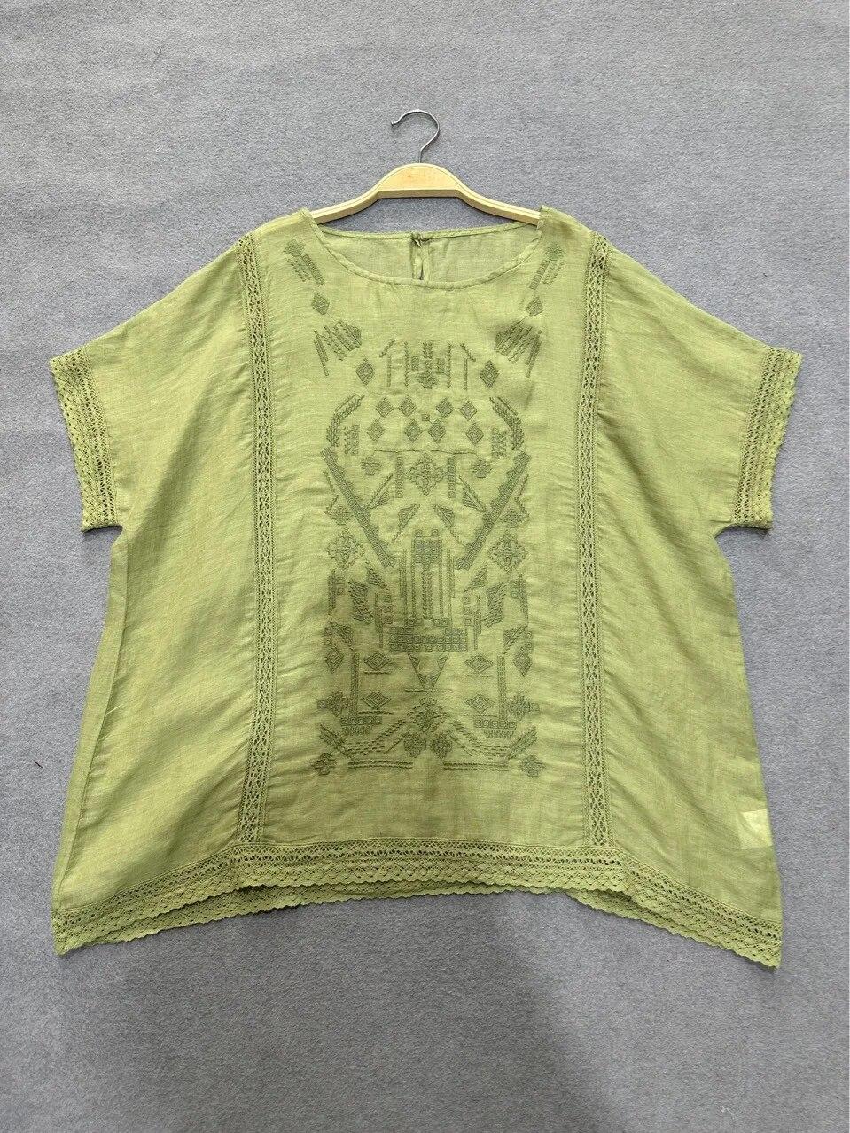 

Johnature, летние милые топы с вышивкой, винтажный повседневный дизайн, универсальный пуловер с короткими рукавами, женские рубашки One Size зелёный