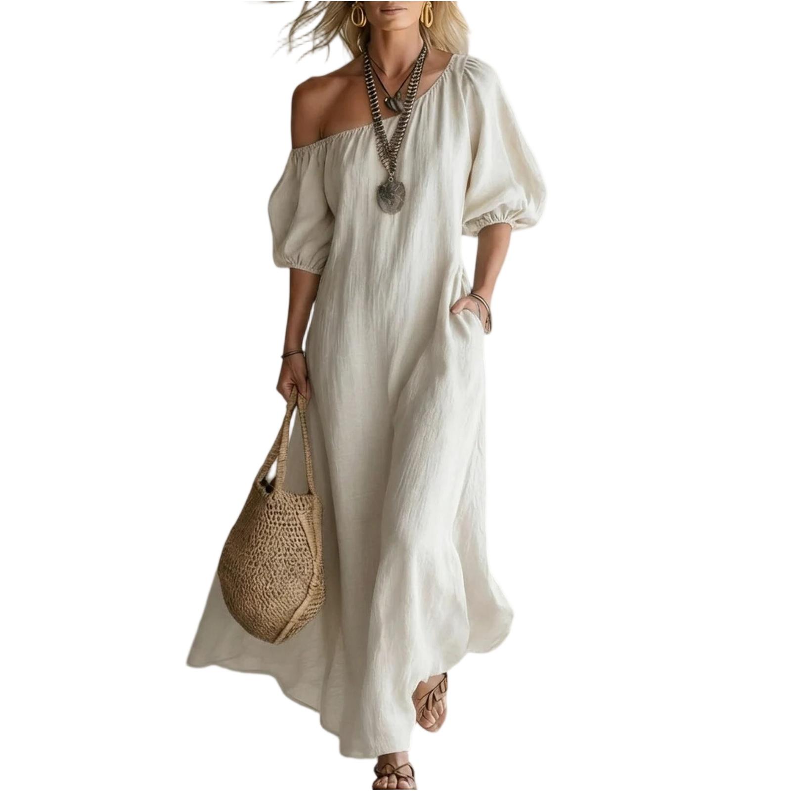 Ladies  Casual Loose Sloping Shoulder High-end Retro Long Dress XL белый
