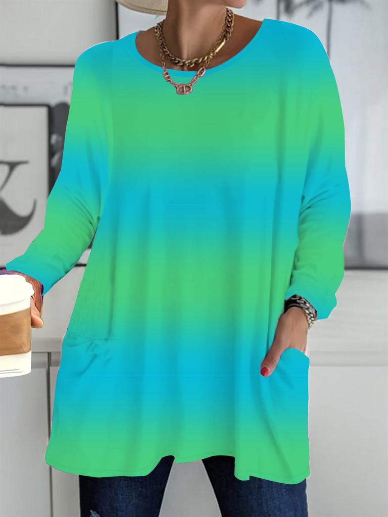 Jesień Zima 2025 Nowe Damskie Bluzki Plus Size, Modne T-Shirty z Dekoltem Okrągłym i Długim Rękawem z Nadrukiem 3D w Kolorze Gradientowym