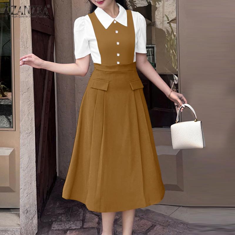 ZANZEA Women Classic Collar Summer Casual Short Sleeve Patchwork Dress
