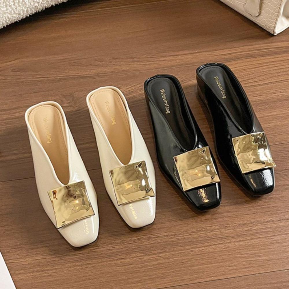 Fashion Slippers Women's Sandals Metal Square Buckle Premium Square Head Half Slippers Women's Retro Flat Bottom Bag Head Cool Slippers