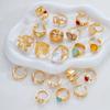 Vintage Gold Color Floral Gemstone Ring Set For Women Heart Hammered Texture Pearl Opal Inlaid Stackable Rings Trendy Jewelry