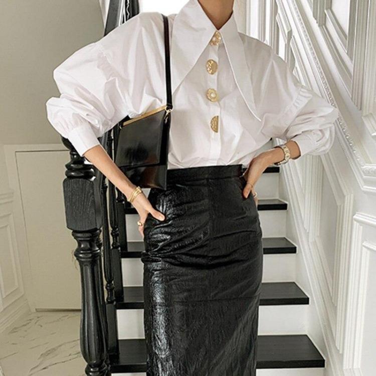 Chic Women White Cotton Button Blouse Loose Lantern Long Sleeve Casual Office Spring Tops