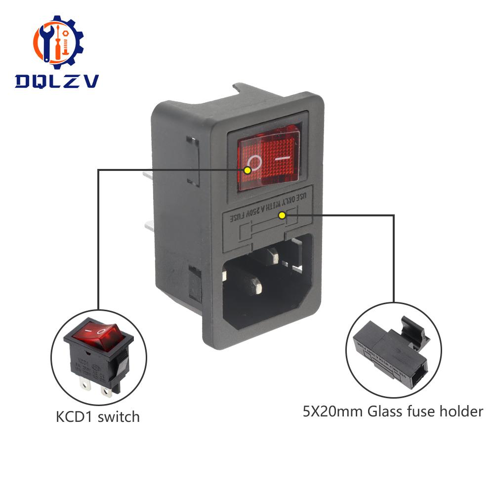 Inlet Plug Pin Connector 3 Pin IEC320 C14 Electrical Socket LED 250V Rocker Switch Brass 10A Fuse Computer Mount Accessories